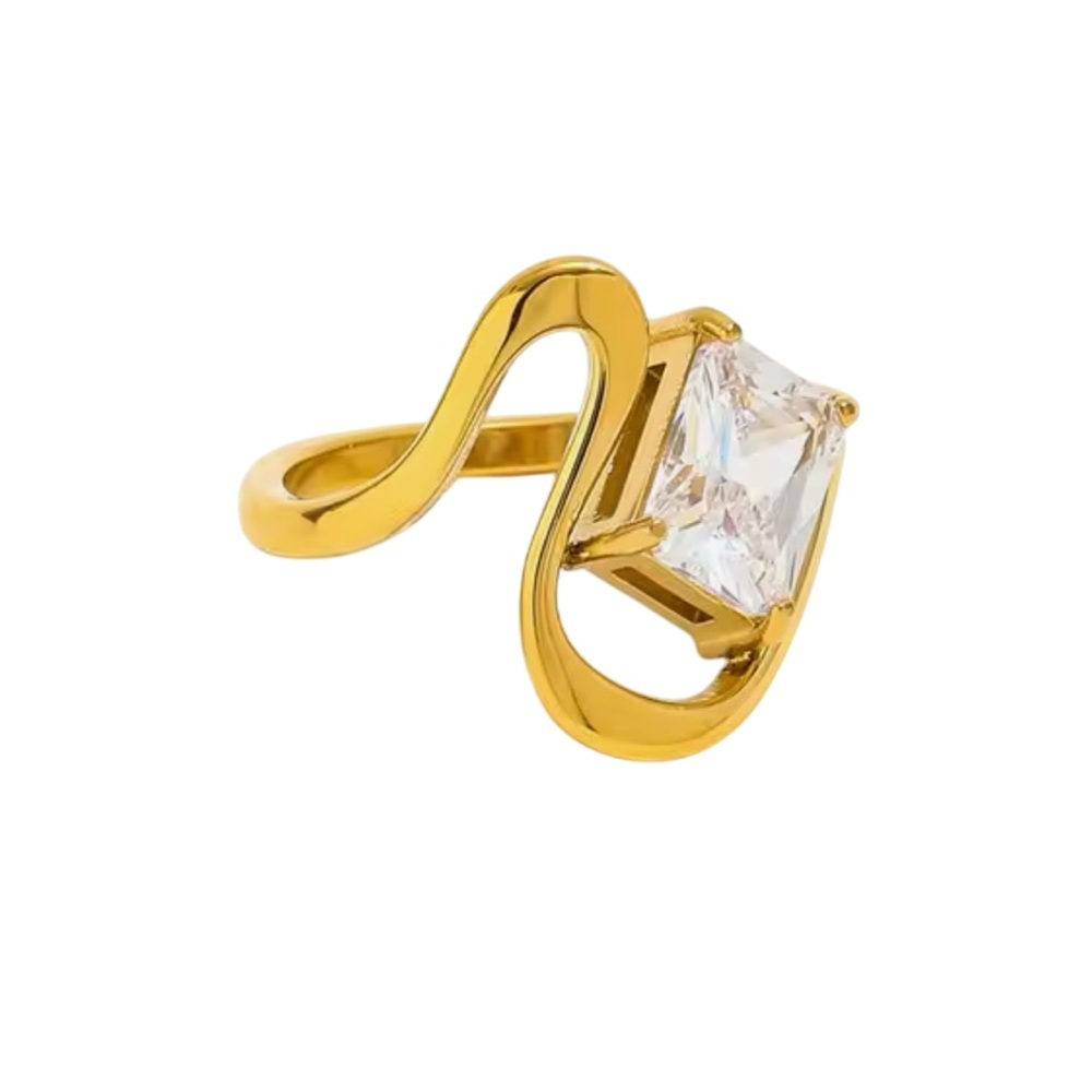 Emerald Cut CZ Wavy Gold Solitaire Ring Stainless Steel